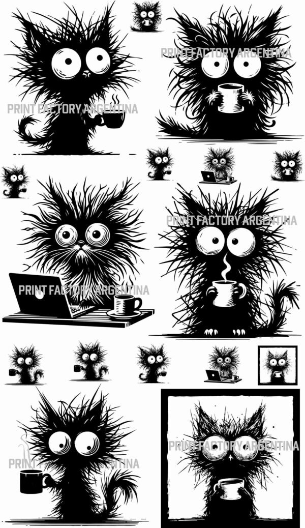 Plancha pliego de 6 Estampas Coffe Cat + 10 gatitos minis 58x100 solo en https://printfactory.ar